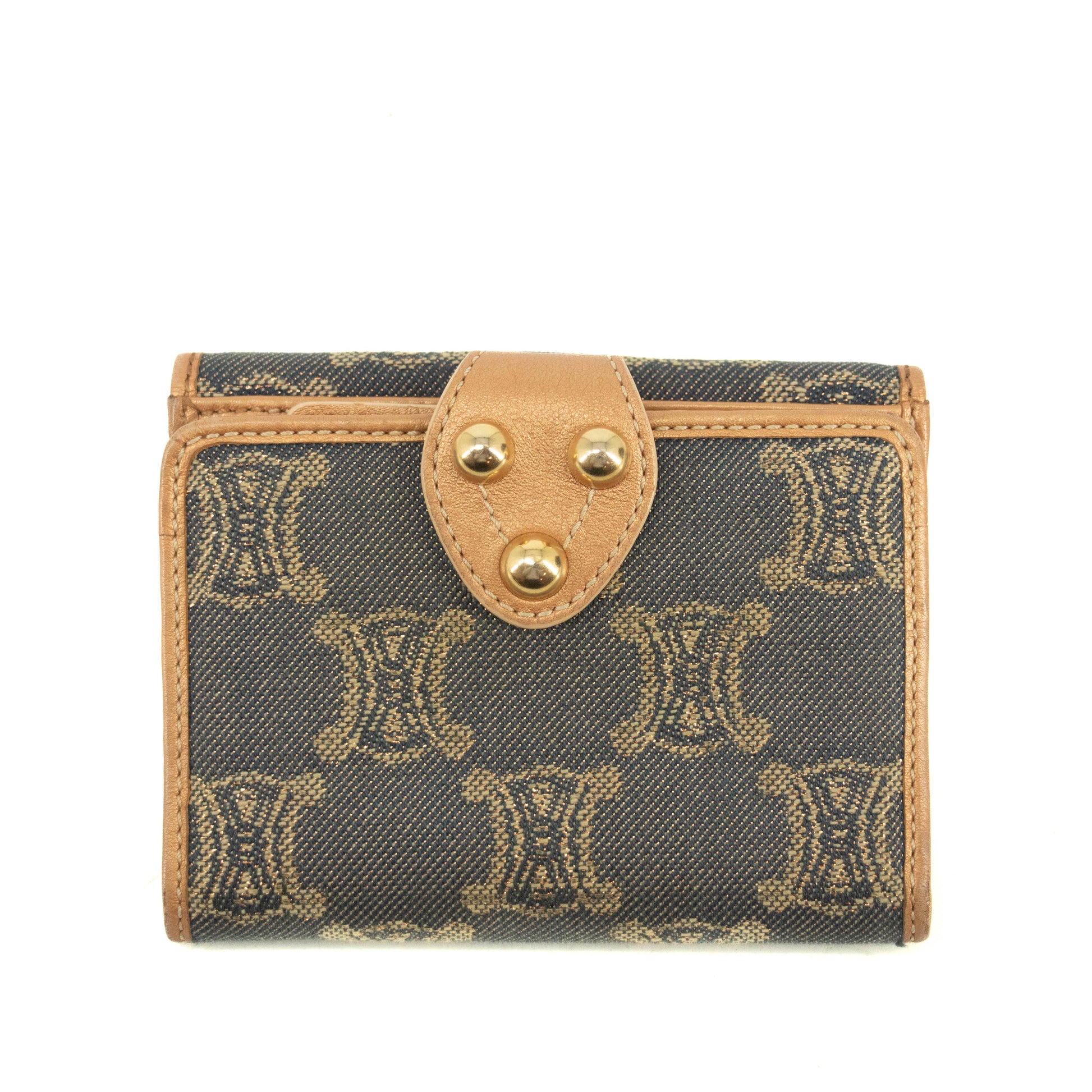 Celine Triomphe Canvas Beige x Blue Demin Compact Wallet #3950