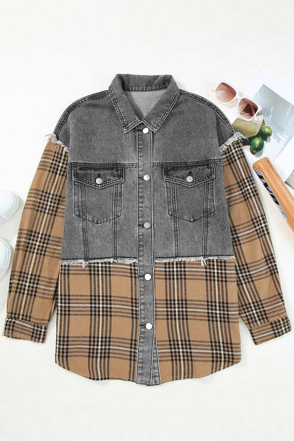 Plaid denim jacket with raw hem