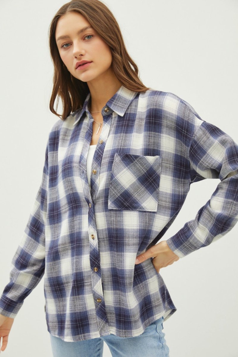 Trendsi Be Cool Plaid Flannel Button Down Shirt with Chest