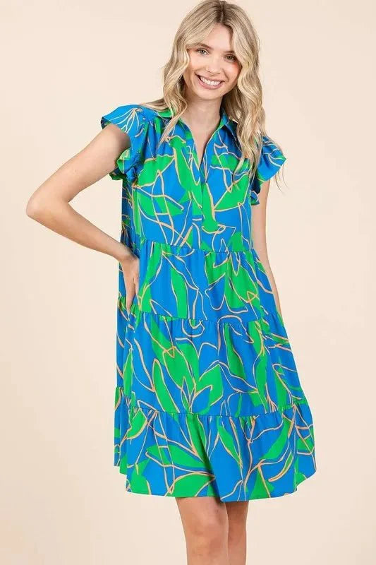 Mittoshop Leaf Print Ruffle Sleeve Tiered Mini Dress For Women