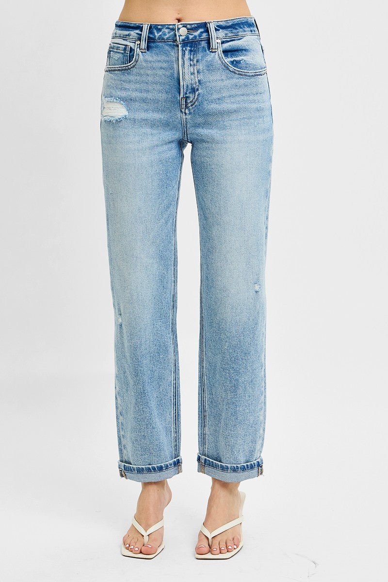 Premium RISEN Full Size High Rise Ankle Boyfriend Distressed Jeans Plus Size