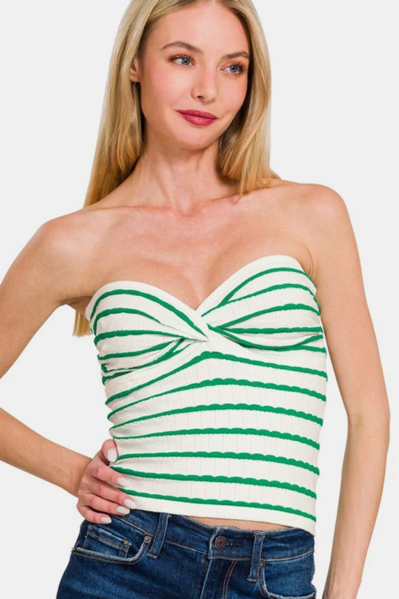 Zenana Twisted Sweetheart Neck Striped Tube Top Fashion