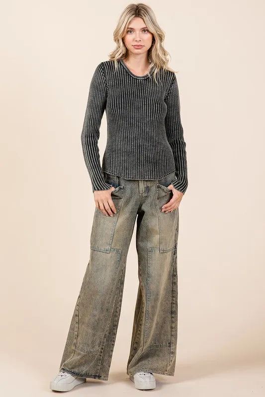 Mittoshop Washed Wide Leg Jeans With Pockets