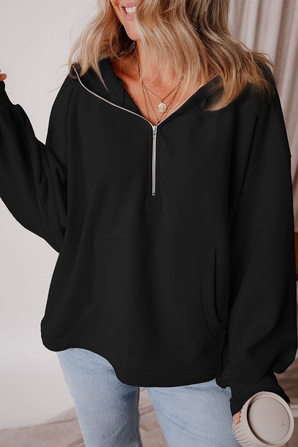 Premium Kate Fleece Lined Half Zipper Hoodie with Kangaroo Pockets