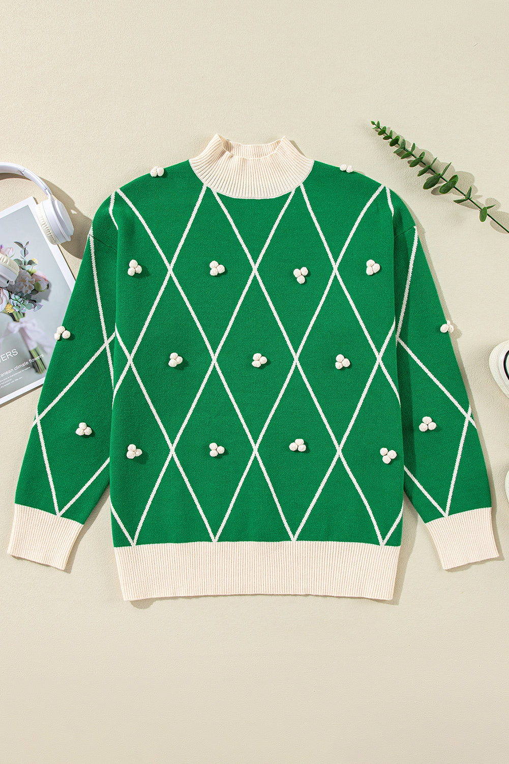 Premium Diamond Pattern High Neck Christmas Sweater with Pom Pom Accents