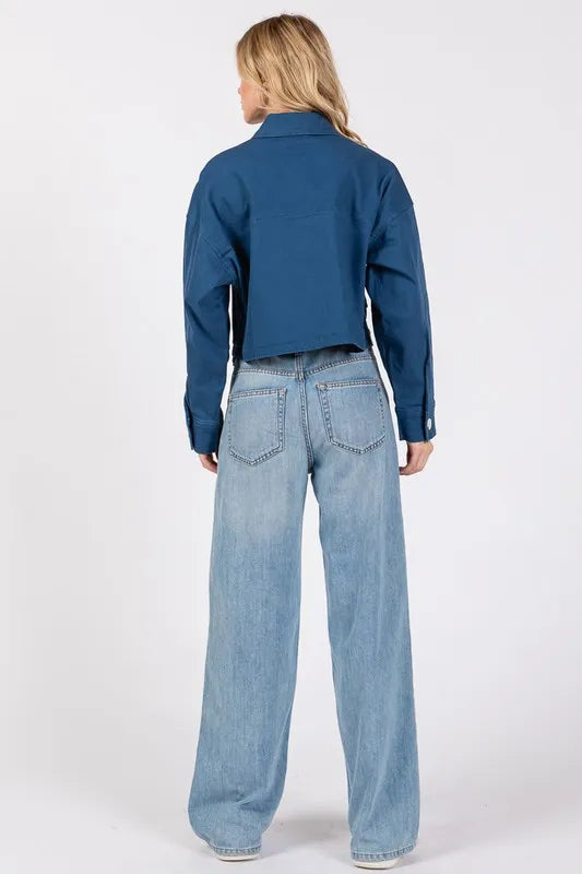 Bytos Button Down Cropped Denim Jacket With Patch Pockets