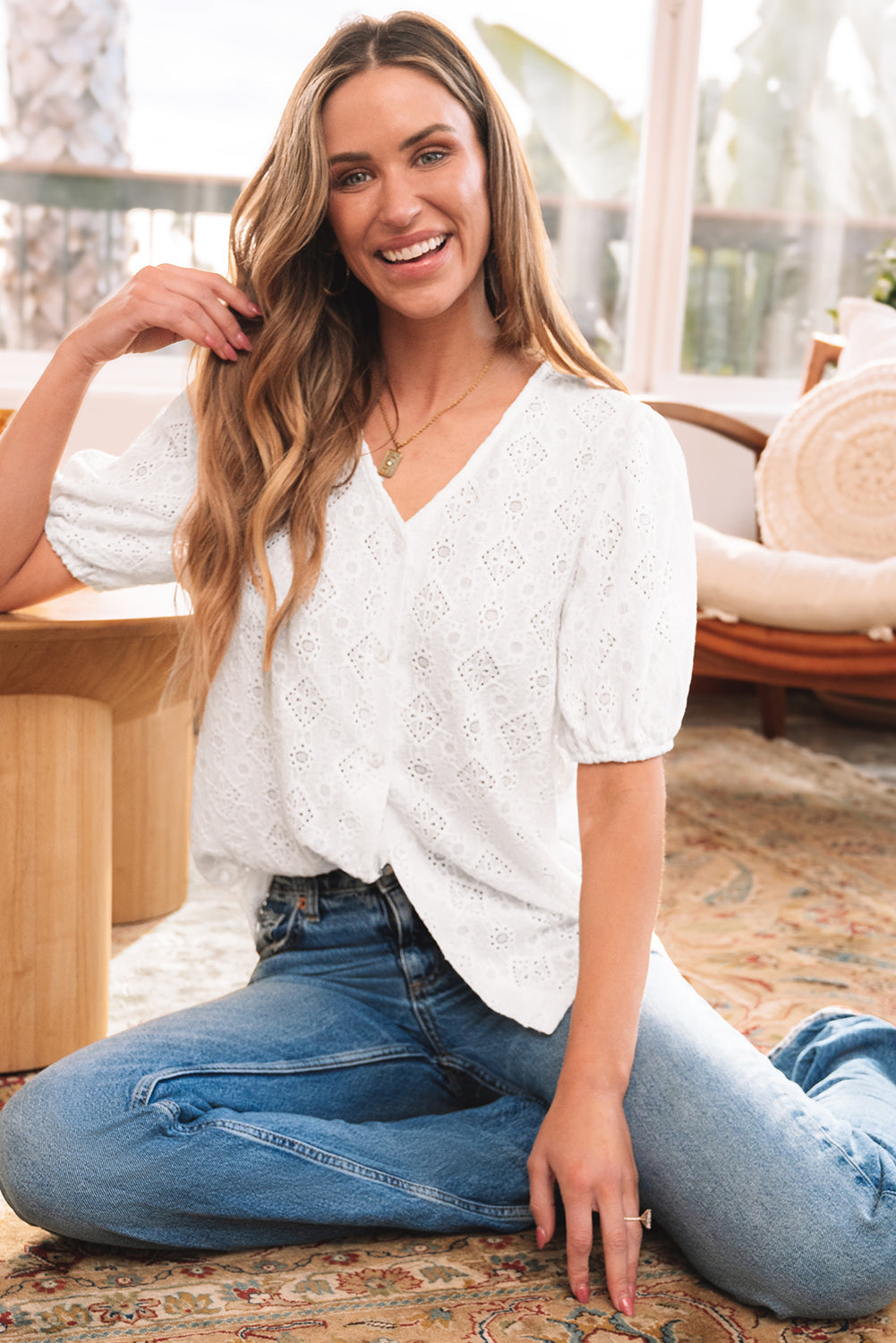 Premium Elowyn Lace Puff Sleeve Button Up Blouse
