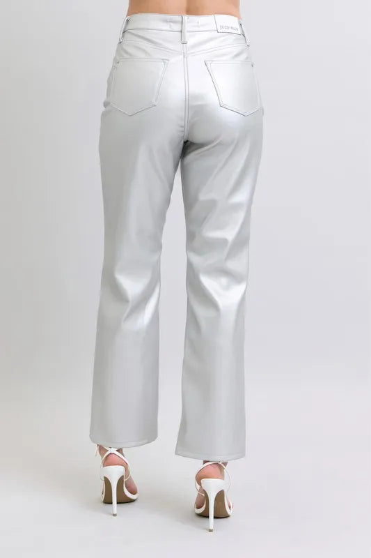 High Waist Silver Faux Leather Pants
