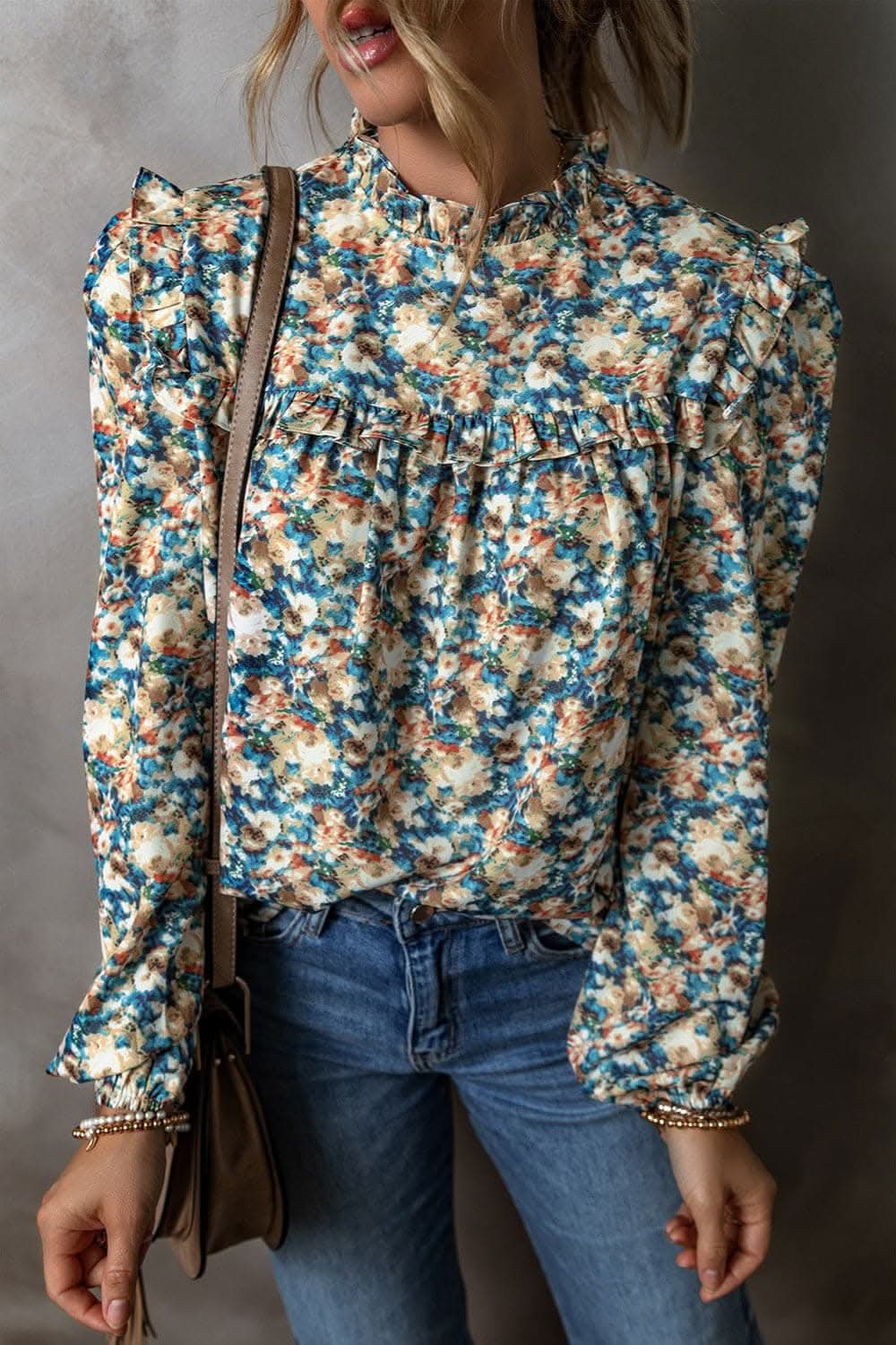 Frill mock neck long sleeve blouse