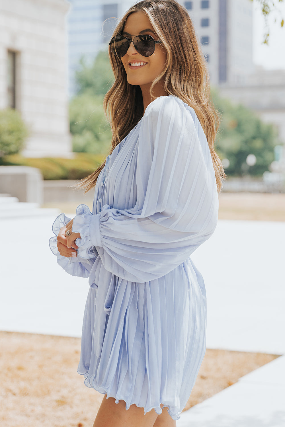 Premium Irene Pleated Ruffled Tie Waist Button V Neck Romper for Women