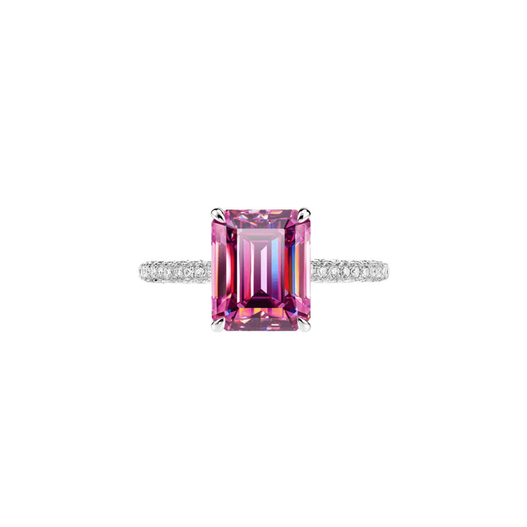 3.0ct Emerald Cut Moissanite Diamond Pavè Three Row Band Engagement Ring