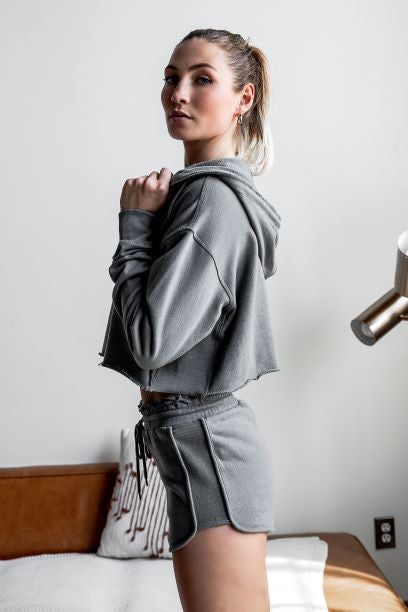 Grey Raw Edge Cropped Hoodie Set - Women's Cotton Athleisure Matching Sweatsuit