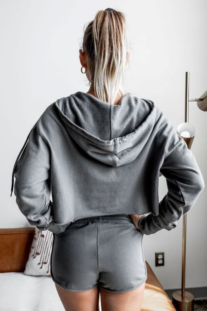 Grey Raw Edge Cropped Hoodie Set - Women's Cotton Athleisure Matching Sweatsuit