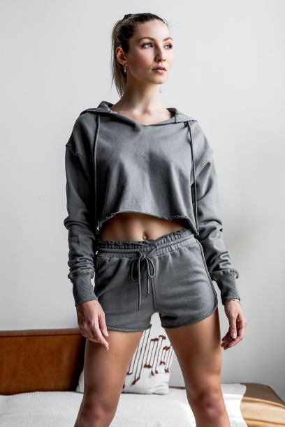 Grey Raw Edge Cropped Hoodie Set - Women's Cotton Athleisure Matching Sweatsuit