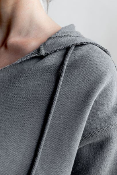 Grey Raw Edge Cropped Hoodie Set - Women's Cotton Athleisure Matching Sweatsuit