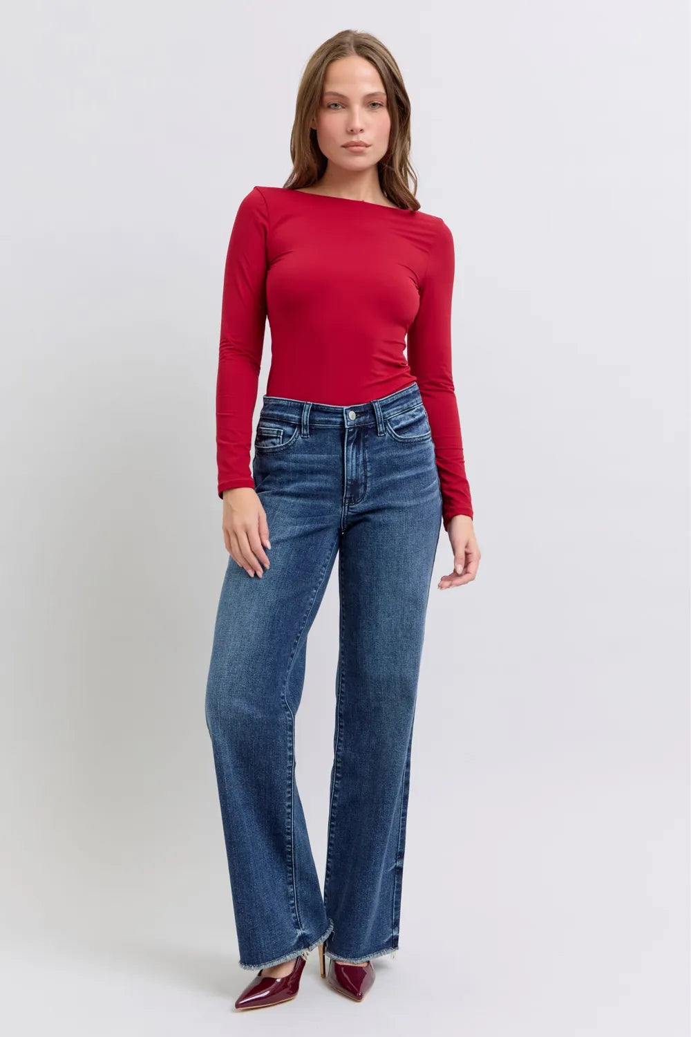 Raw Hem Mid Rise Jeans - Women's Stretch Denim with Frayed Hem