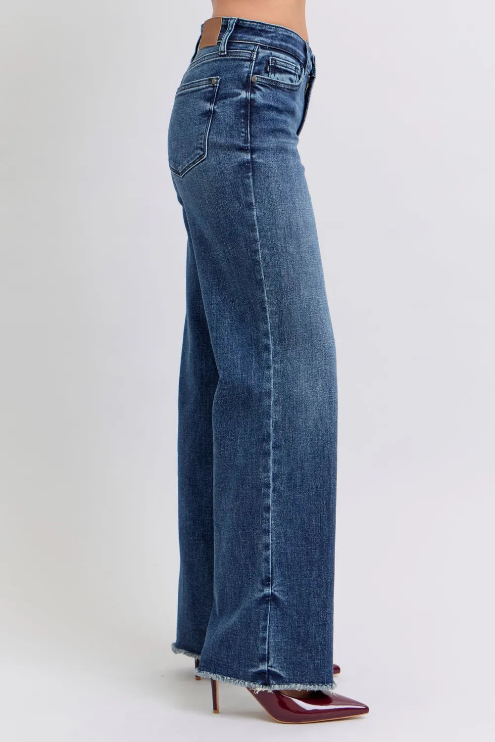 Raw Hem Mid Rise Jeans - Women's Stretch Denim with Frayed Hem