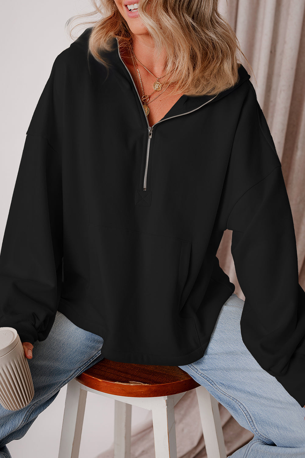 Premium Kate Fleece Lined Half Zipper Hoodie with Kangaroo Pockets