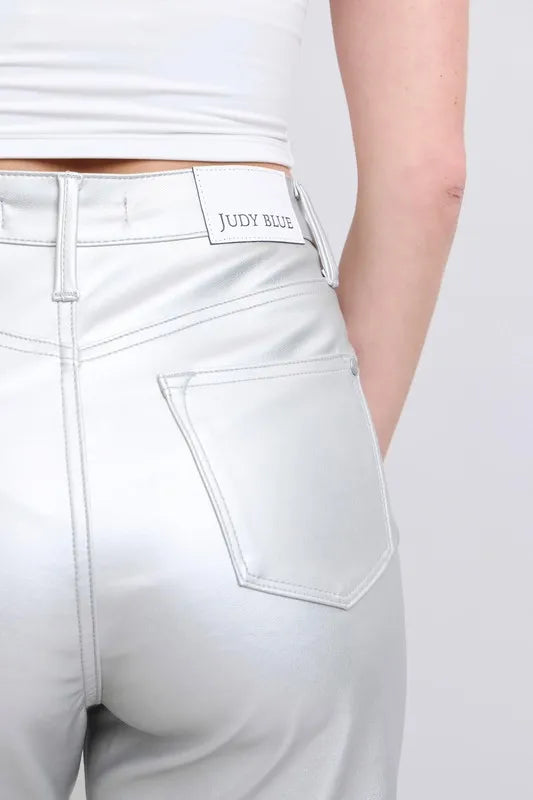 High Waist Silver Faux Leather Pants