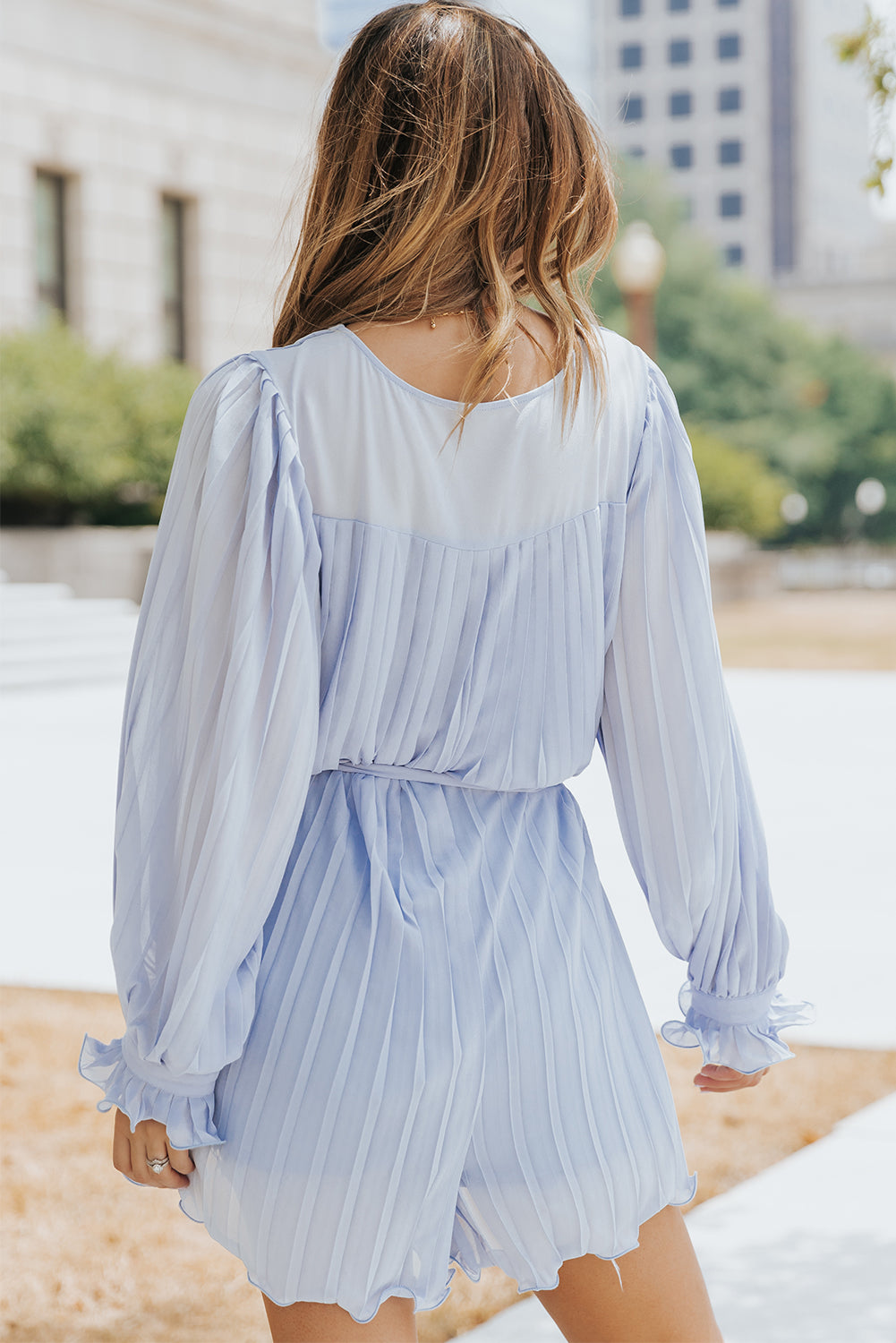 Premium Irene Pleated Ruffled Tie Waist Button V Neck Romper for Women