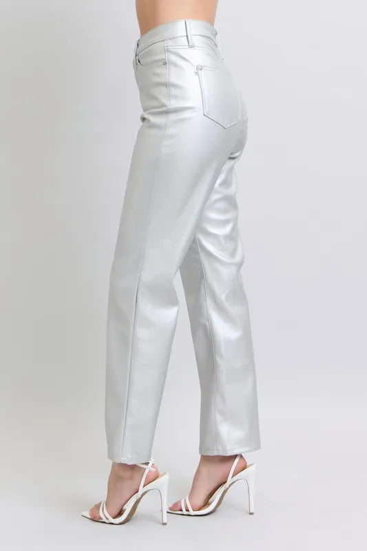 High Waist Silver Faux Leather Pants