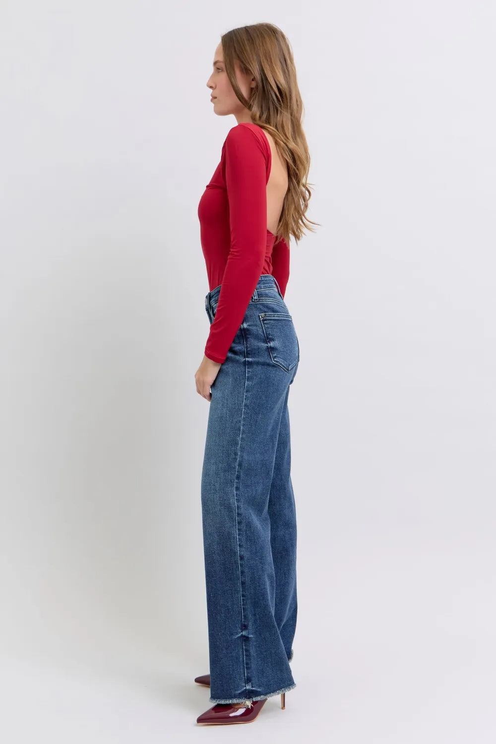 Raw Hem Mid Rise Jeans - Women's Stretch Denim with Frayed Hem