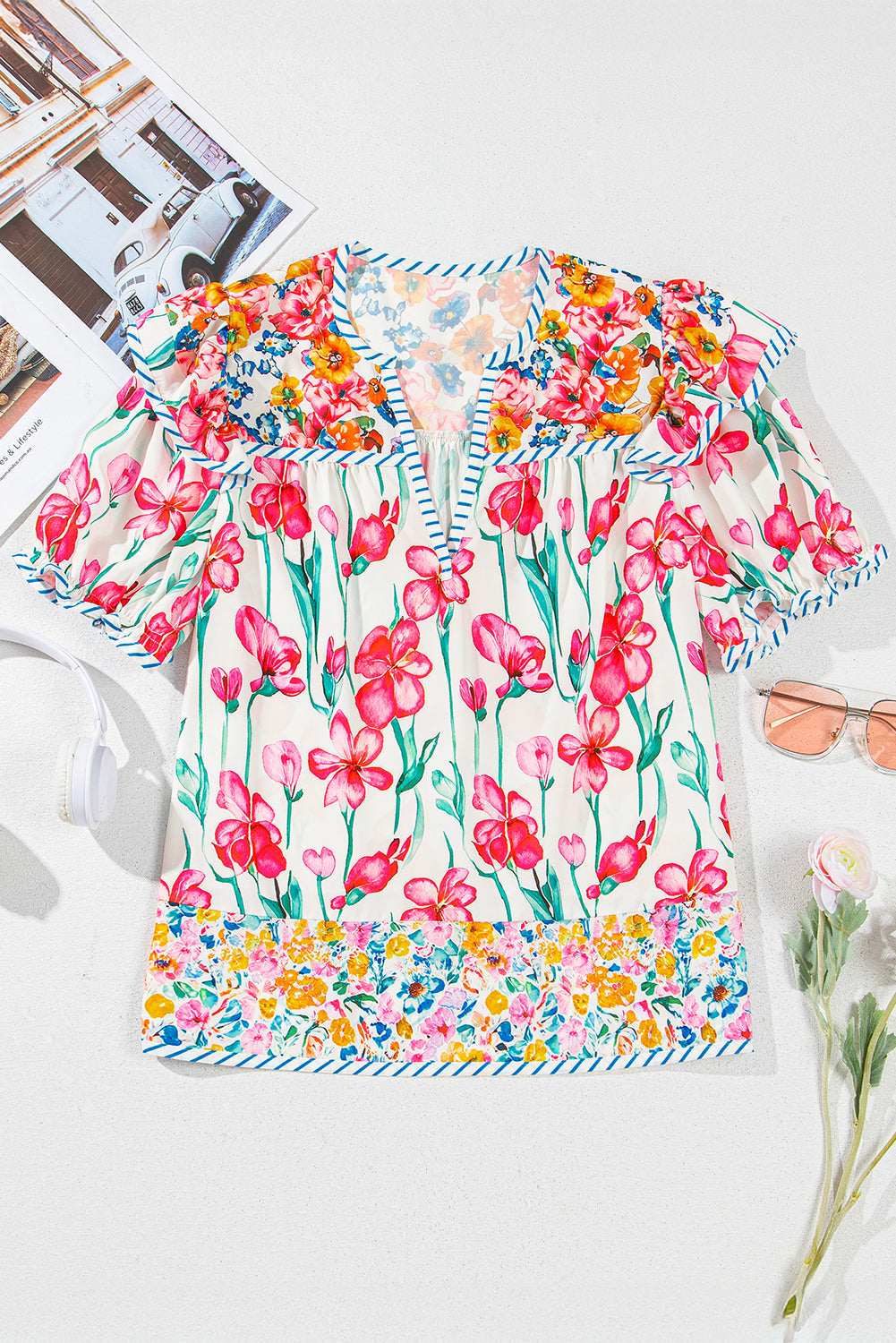 Premium Greta Floral Split Neck Short Sleeve Blouse with Striped Trim