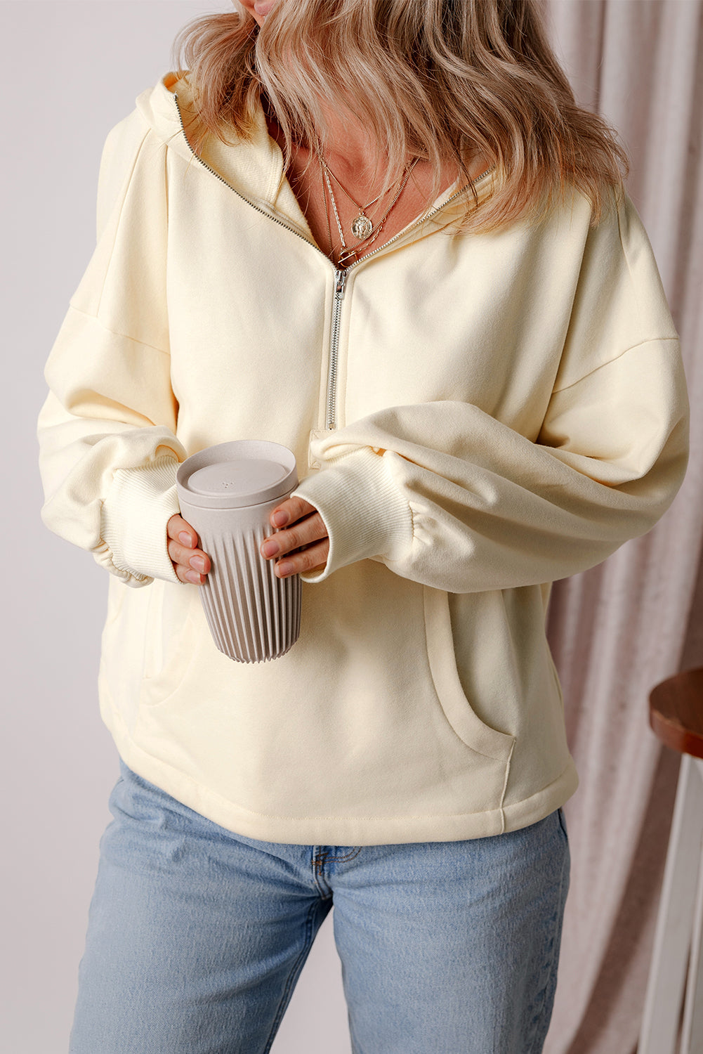 Premium Kate Fleece Lined Half Zipper Hoodie with Kangaroo Pockets