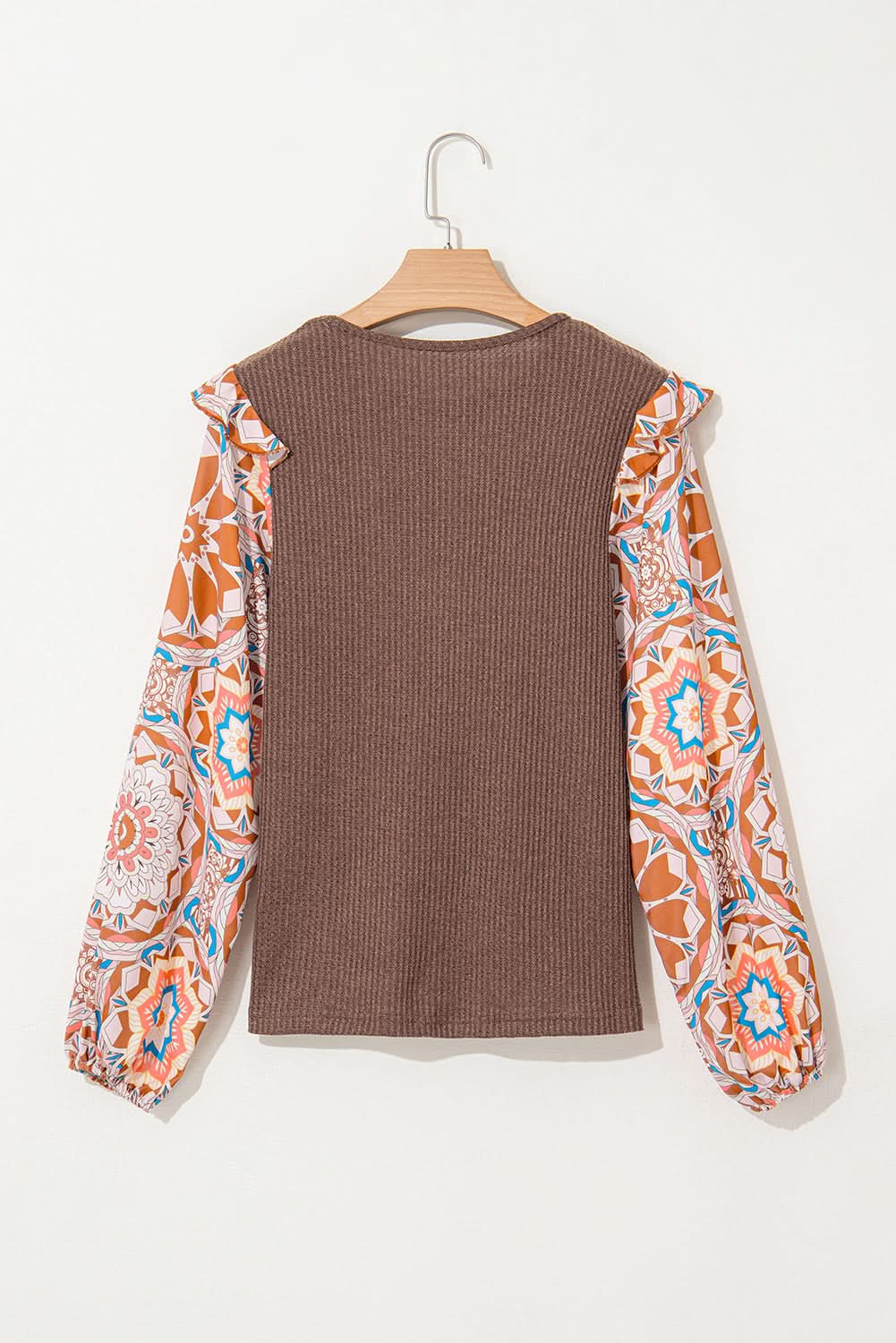 Coffee Ruffled Floral Sleeve Patchwork Waffle Knit O Neck Blouse