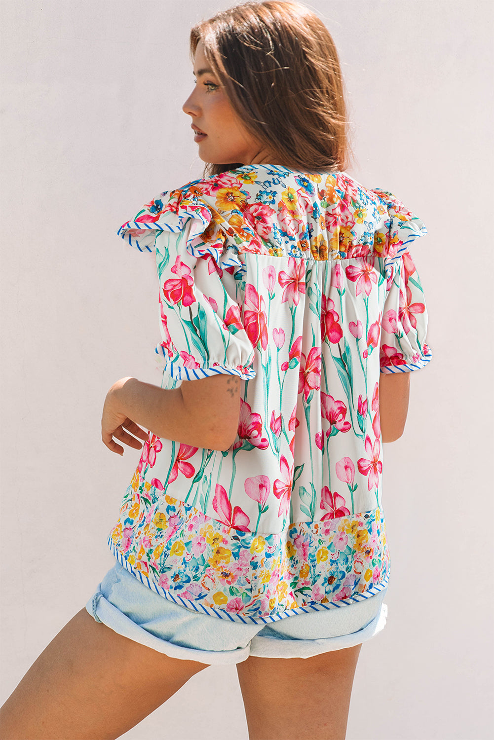 Premium Greta Floral Split Neck Short Sleeve Blouse with Striped Trim