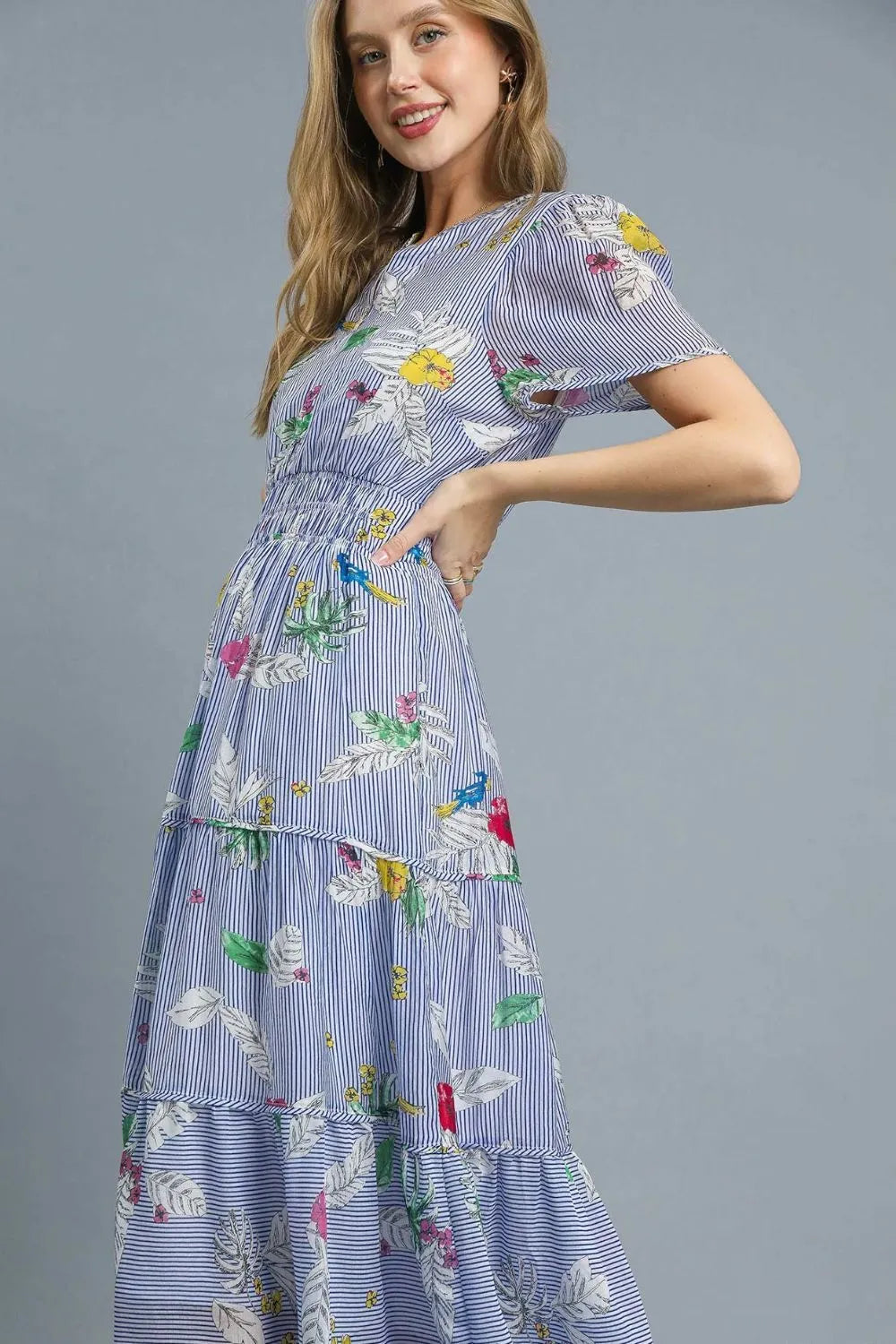 Smocked Waist Floral Short Sleeve Midi Dress