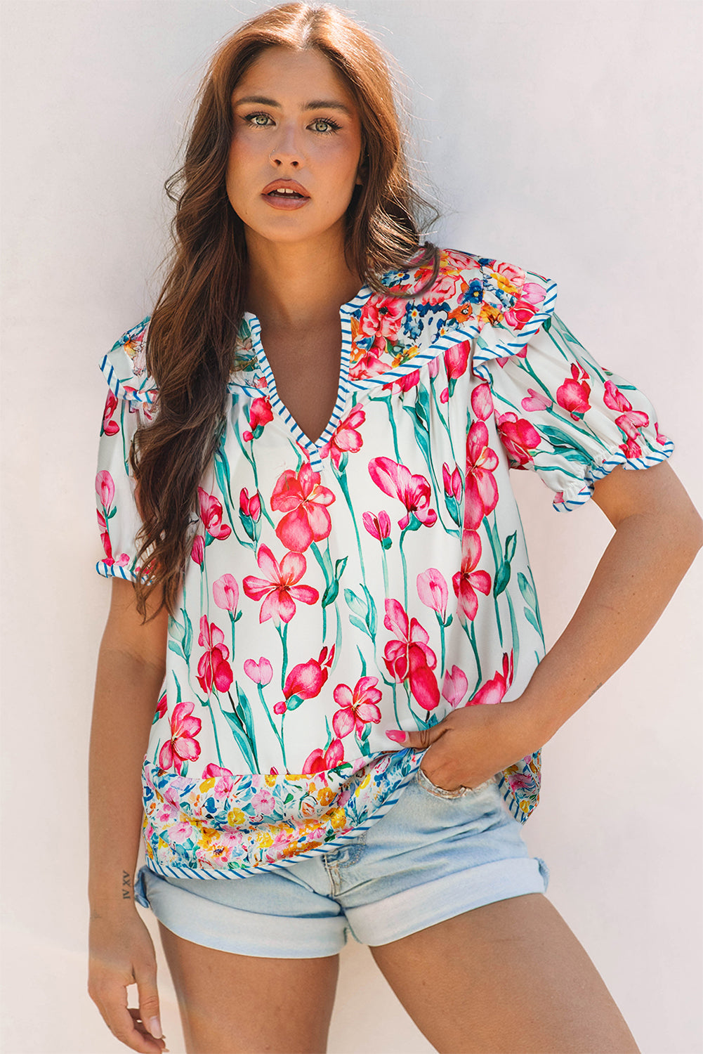 Premium Greta Floral Split Neck Short Sleeve Blouse with Striped Trim