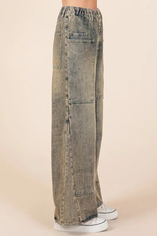 Mittoshop Washed Wide Leg Jeans With Pockets
