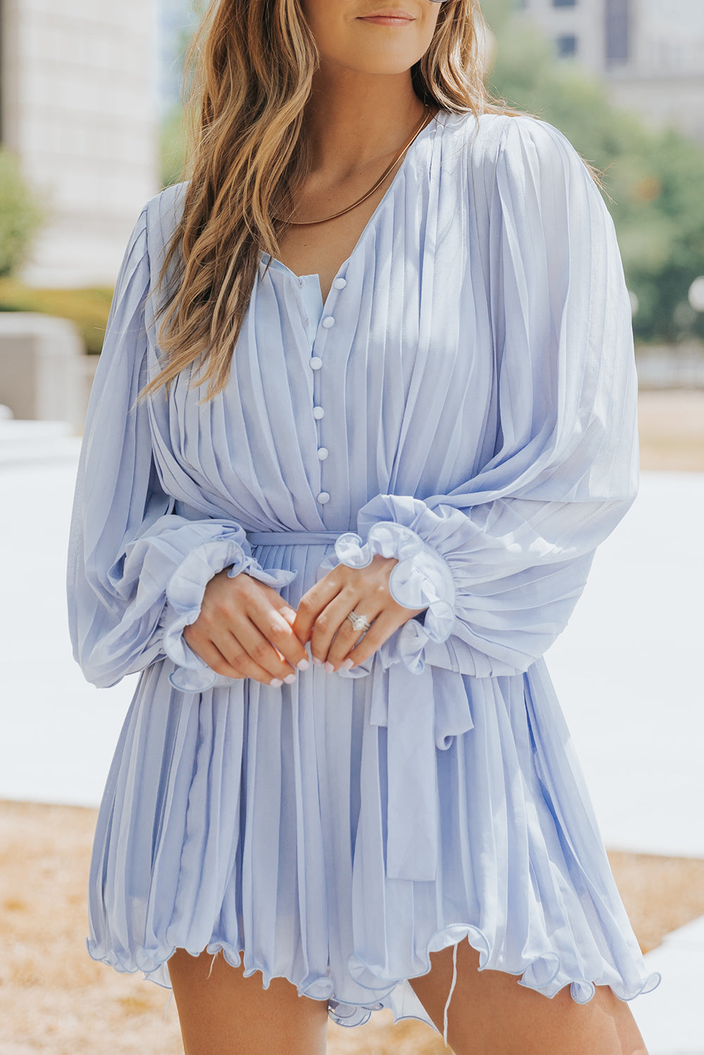 Premium Irene Pleated Ruffled Tie Waist Button V Neck Romper for Women