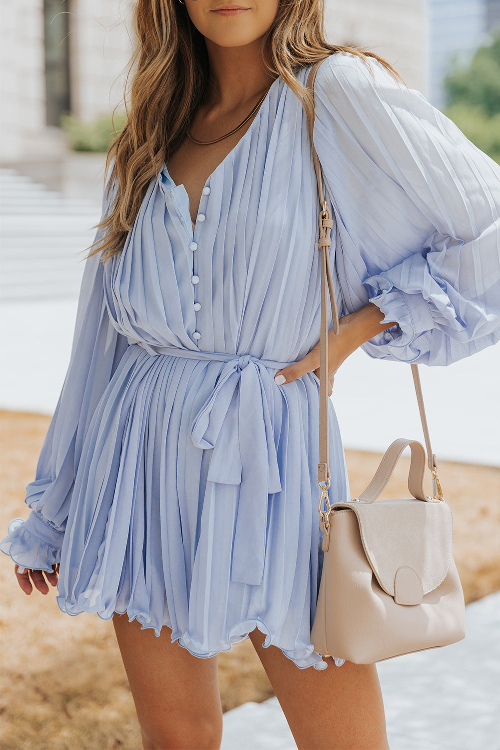 Premium Irene Pleated Ruffled Tie Waist Button V Neck Romper for Women