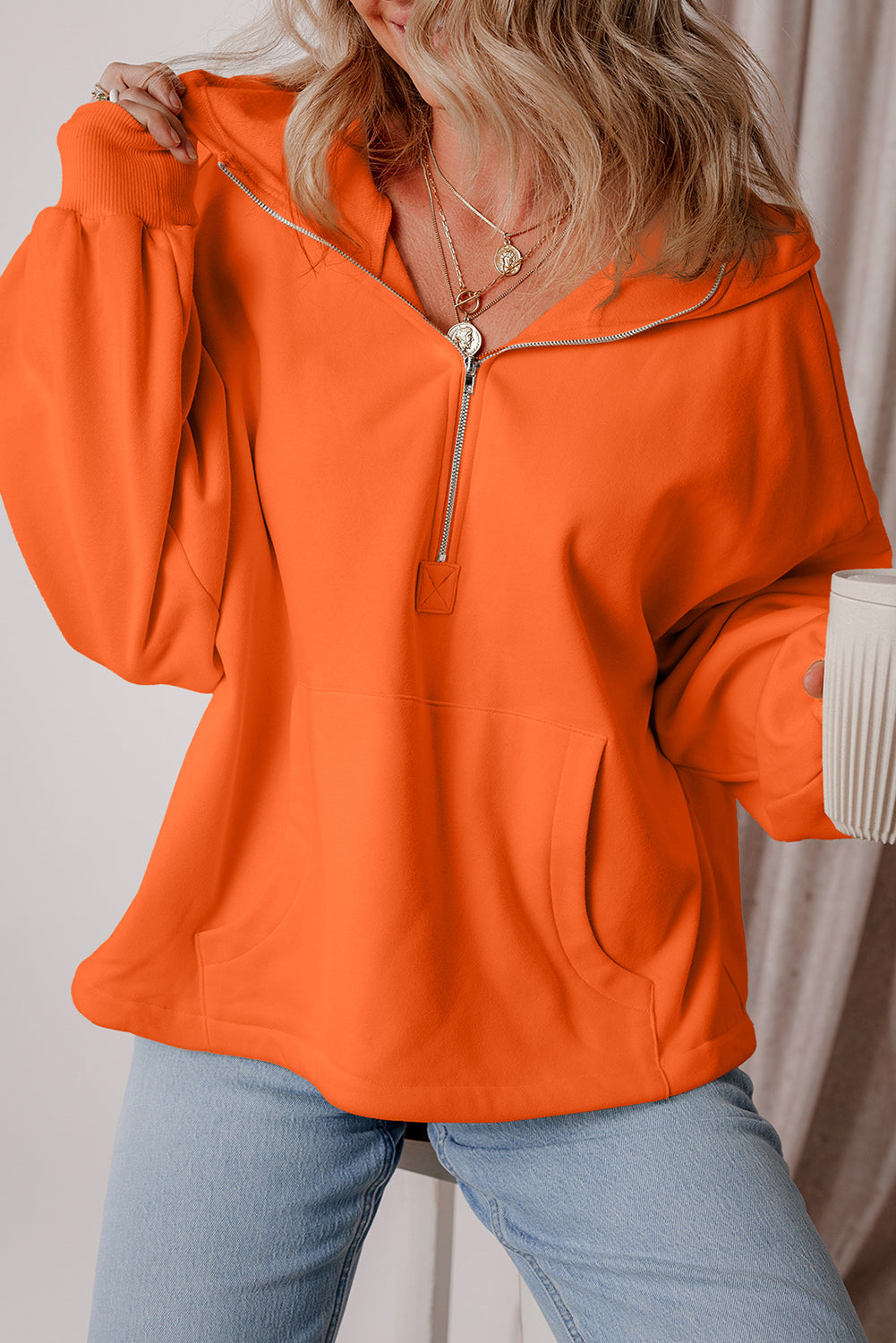 Premium Kate Fleece Lined Half Zipper Hoodie with Kangaroo Pockets