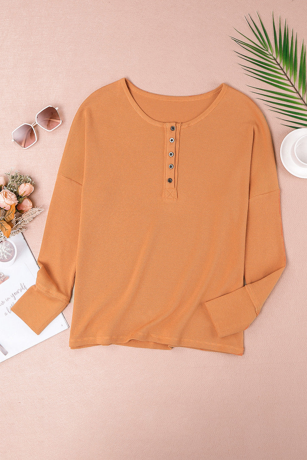 Premium Camila Waffle Knit Long Sleeve Henley Top for Women