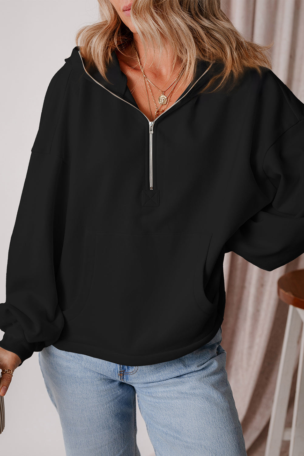 Premium Kate Fleece Lined Half Zipper Hoodie with Kangaroo Pockets