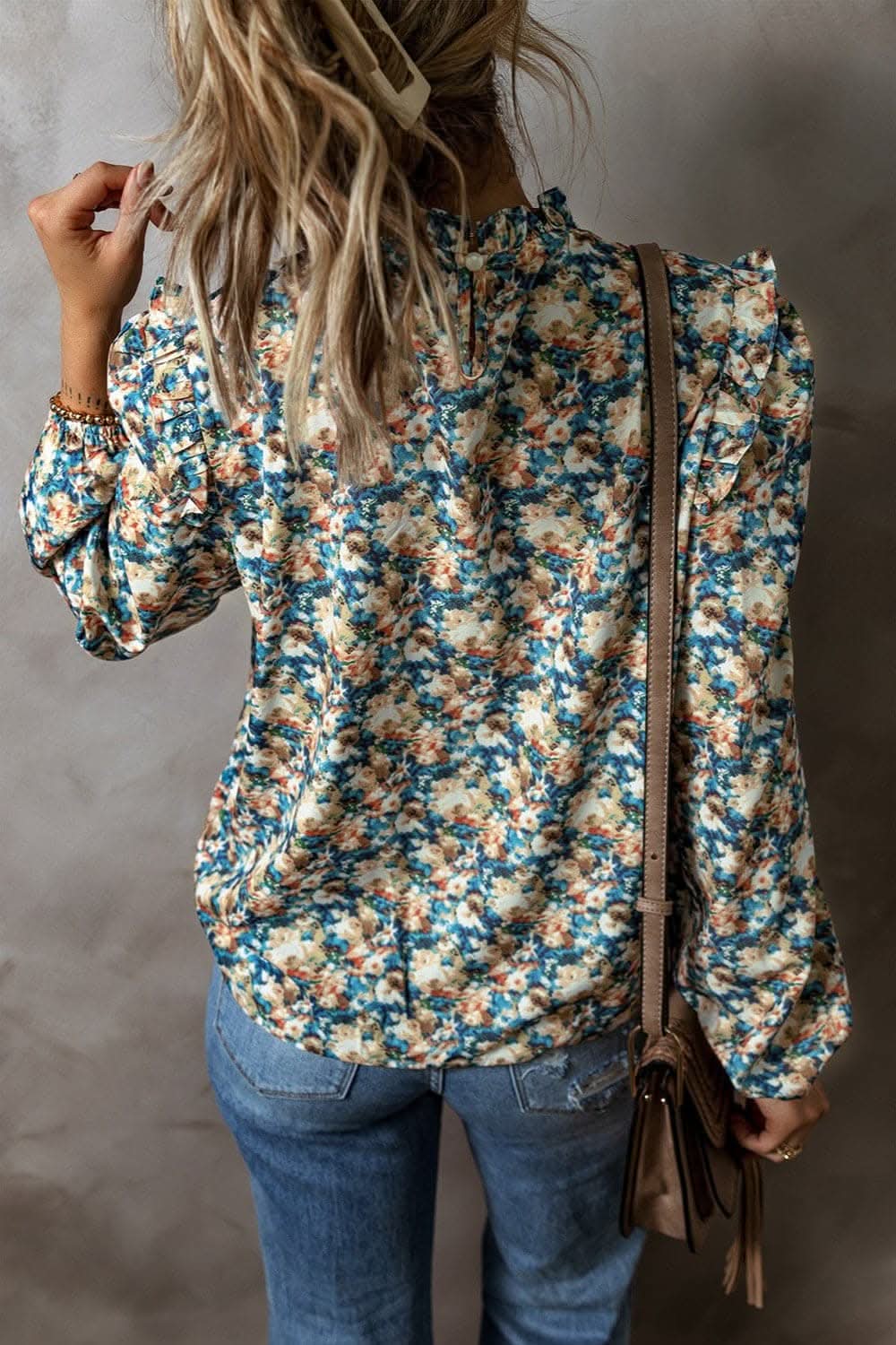 Frill mock neck long sleeve blouse