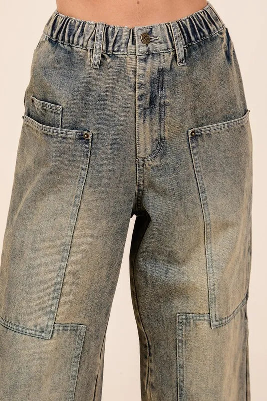 Mittoshop Washed Wide Leg Jeans With Pockets