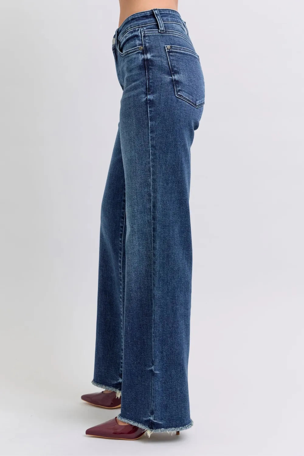 Raw Hem Mid Rise Jeans - Women's Stretch Denim with Frayed Hem