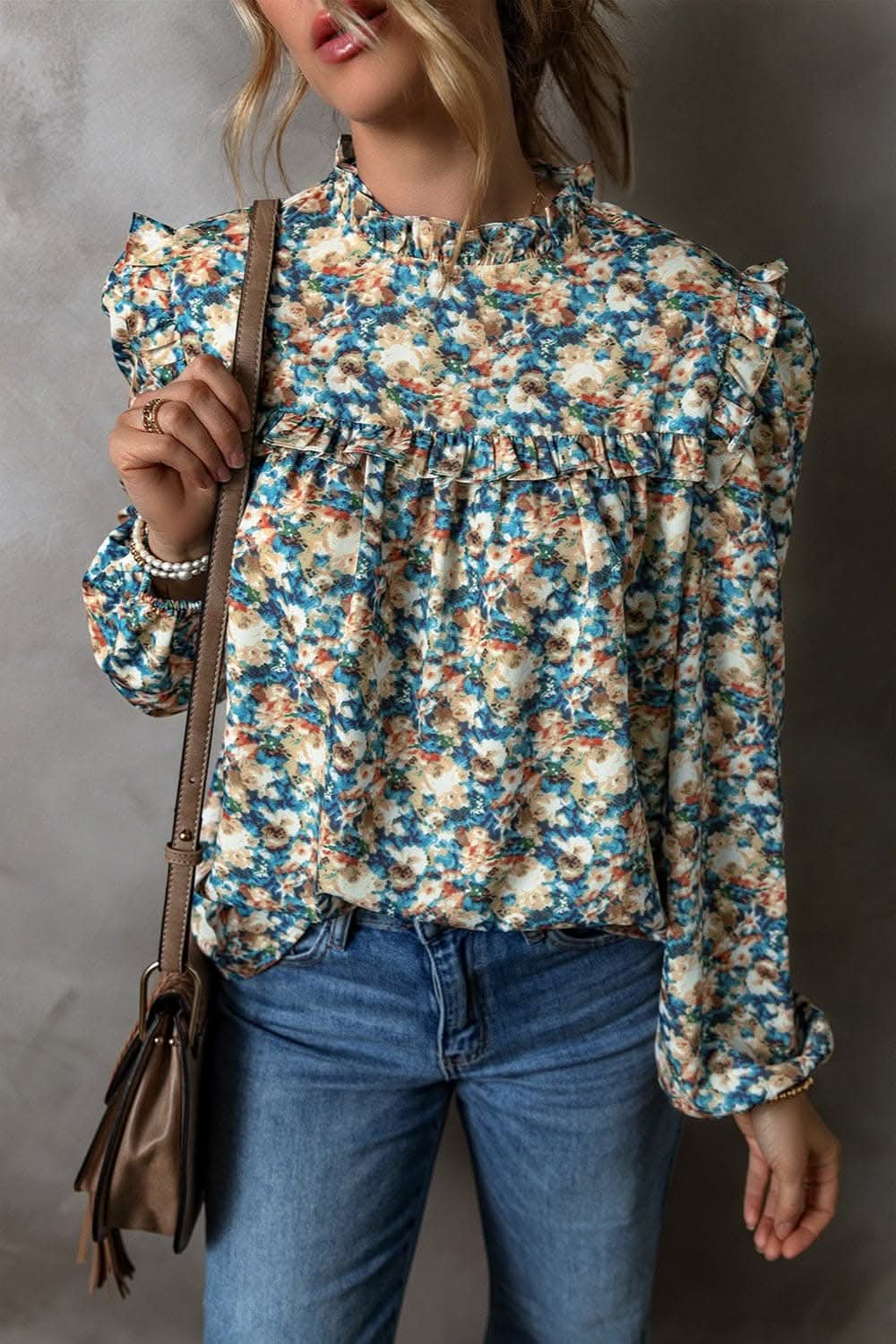 Frill mock neck long sleeve blouse