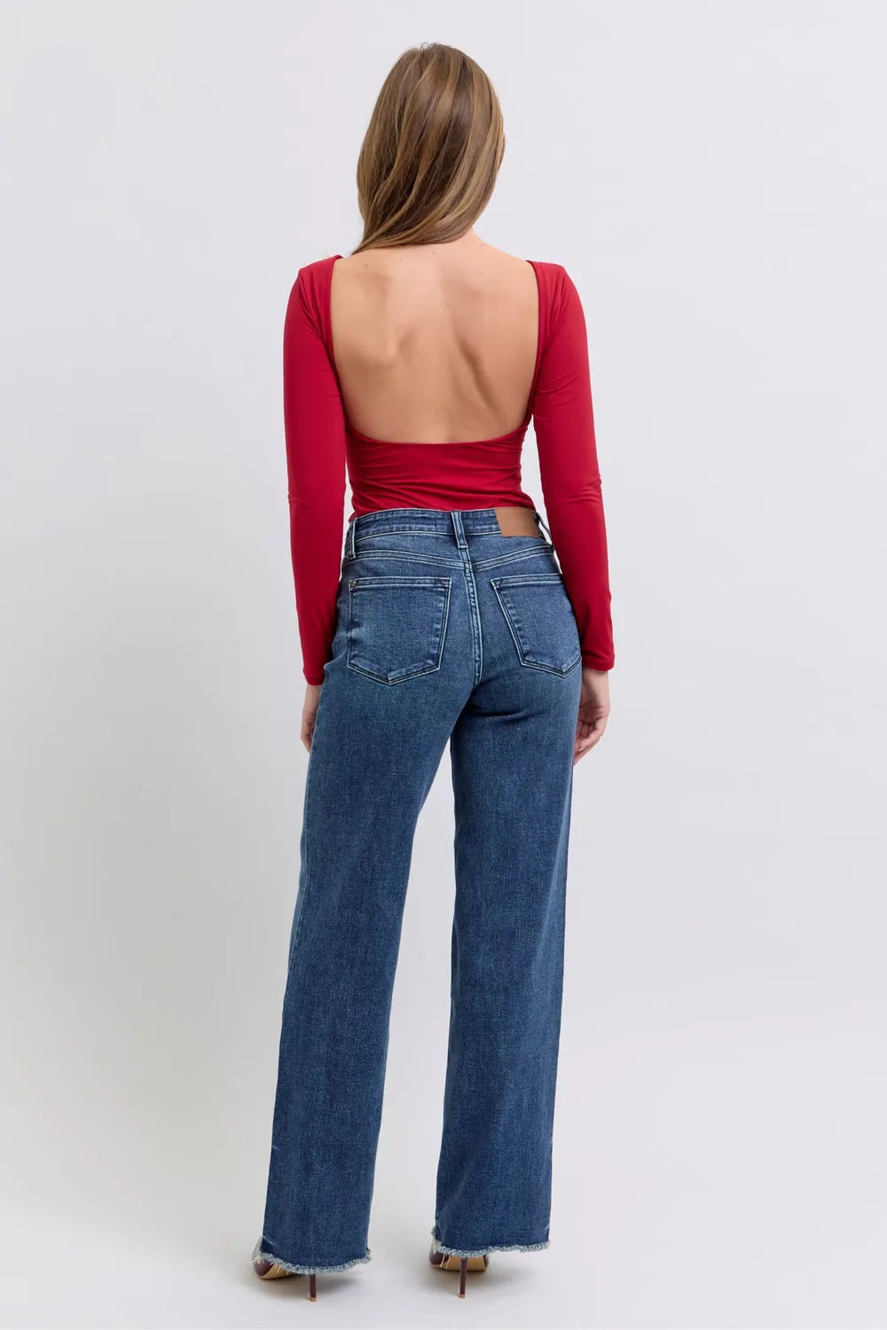 Raw Hem Mid Rise Jeans - Women's Stretch Denim with Frayed Hem