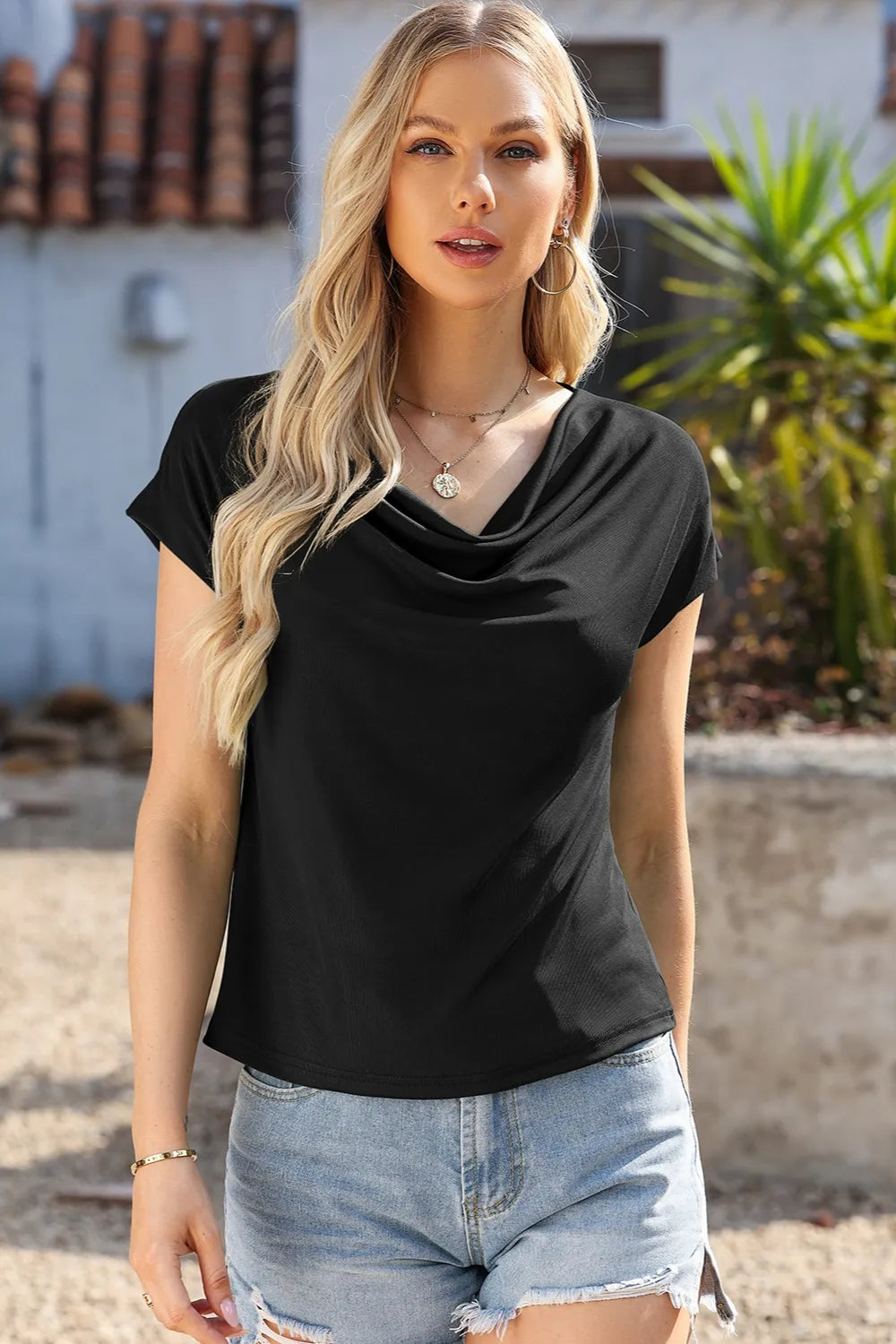 Cowl Neck Short Sleeve T Shirt for Women Casual Opaque Basic Top
