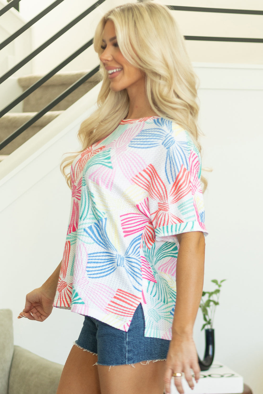 Premium Kaeli Bowknot Waffle Crewneck Loose Short Sleeve Top