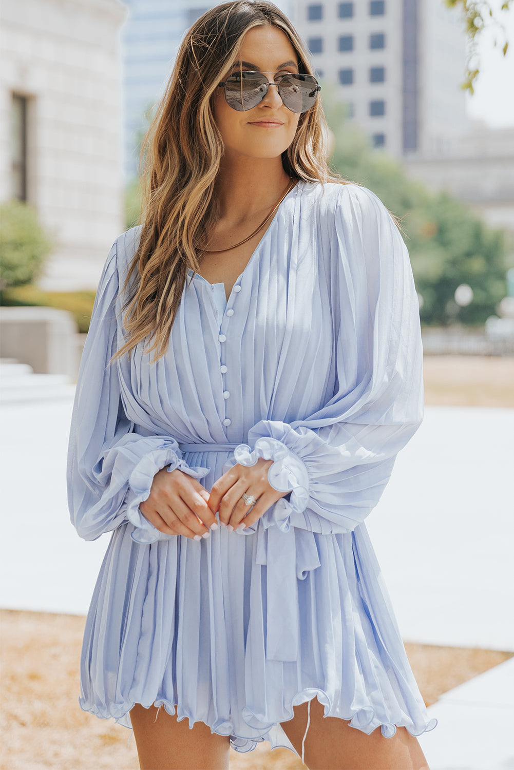 Premium Irene Pleated Ruffled Tie Waist Button V Neck Romper for Women