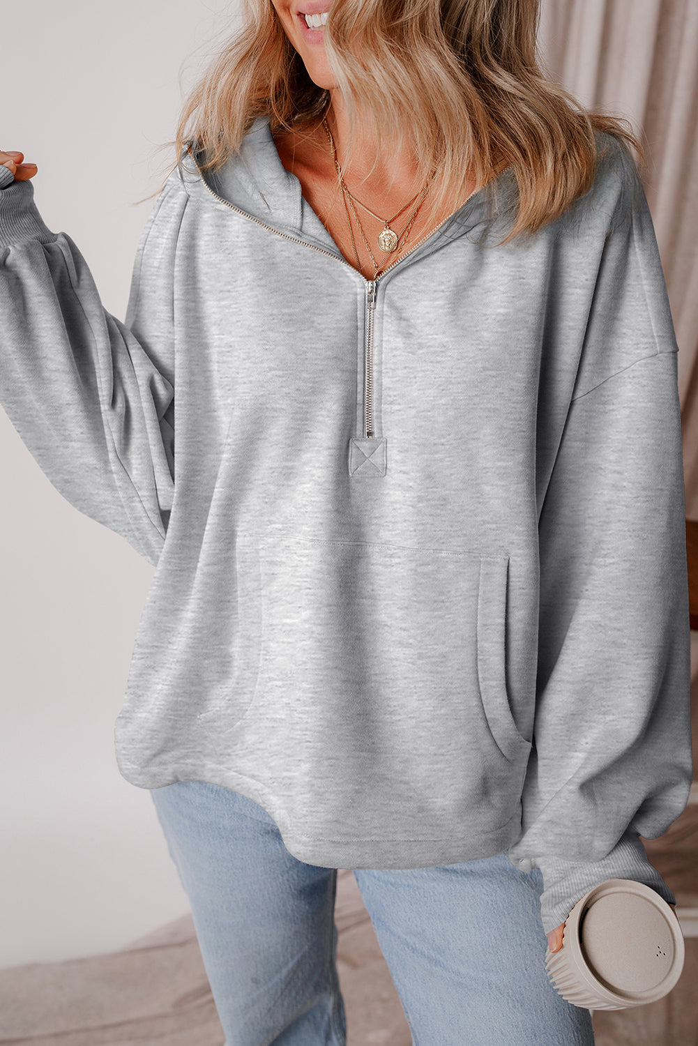 Premium Kate Fleece Lined Half Zipper Hoodie with Kangaroo Pockets