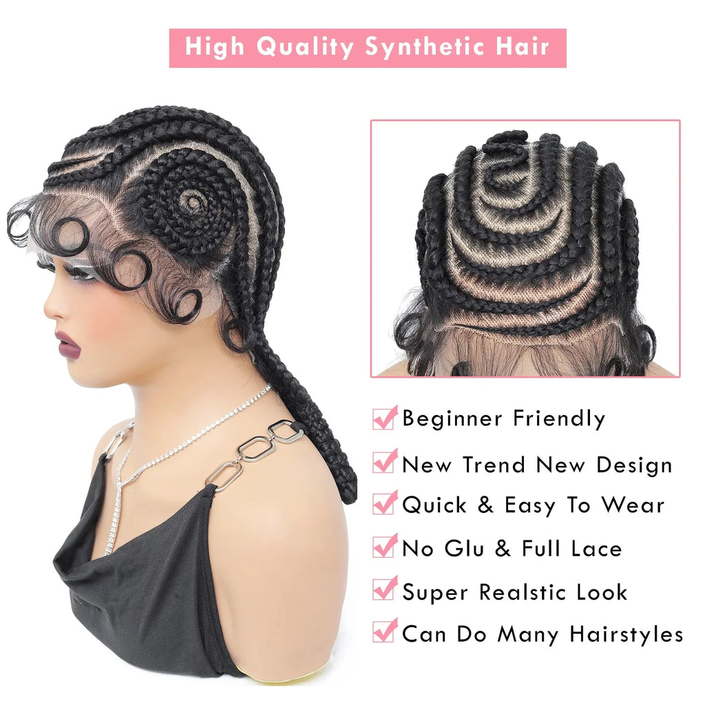 16" Full Lace Cornrow Braided Wig | Bantu Knots | Baby Hair | Synthetic Lace Frontal Braids for Black Women