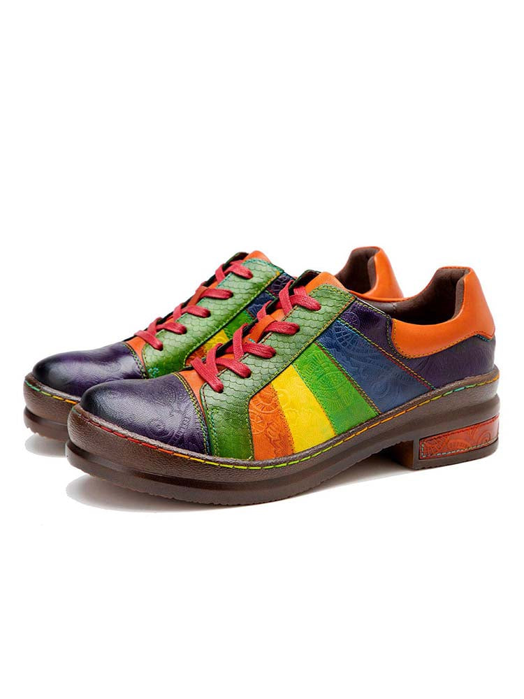 Casual Lace Up Loafers Shoes Women's Leather Comfy Flats