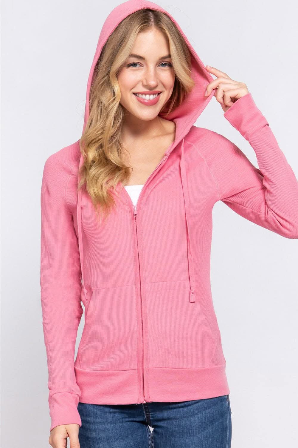 Trendsi ACTIVE BASIC Waffle Knit Drawstring Zip Up Long Sleeve Hoodie Leggings